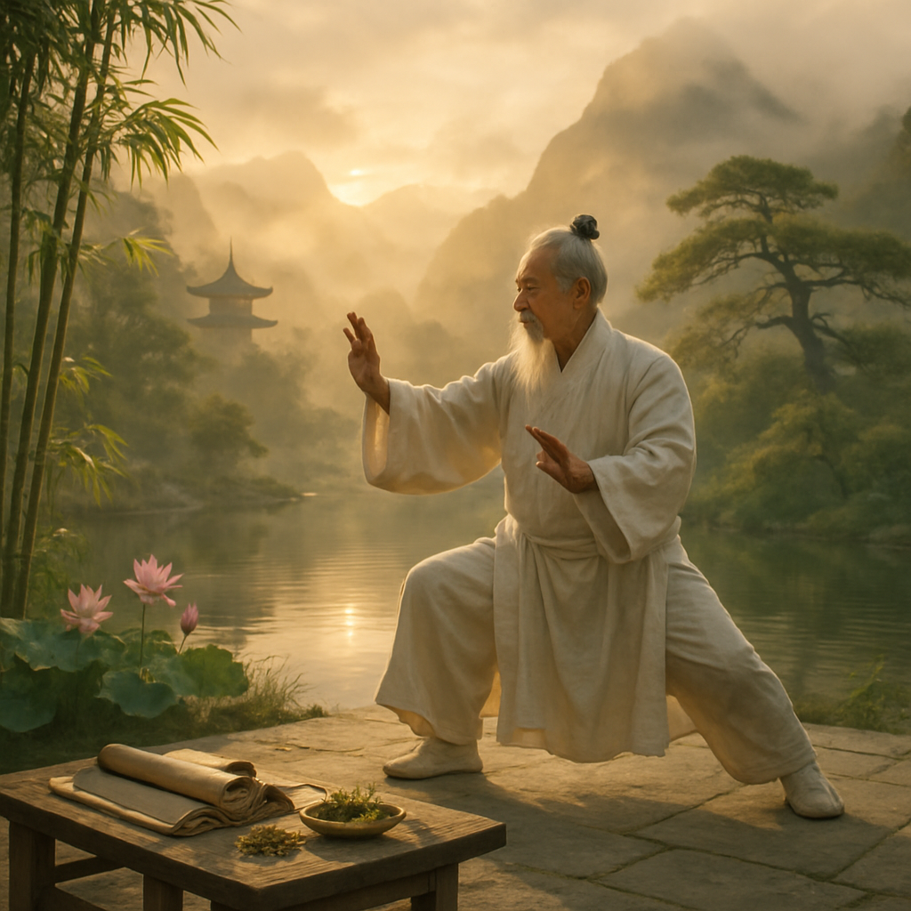 Tai Chi practice in a traditional Chinese garden
