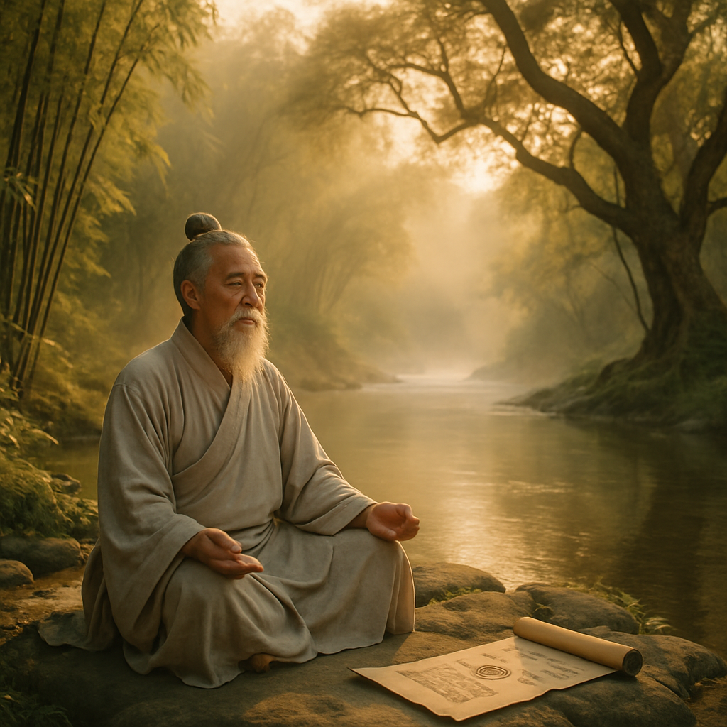 Ancient Taoism philosophy scrolls and nature background
